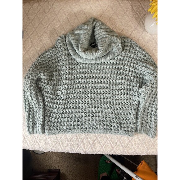 Express Sweater Womens Chunky Open Knit Cowl Neck Crop Pullover. Mint Green. XS - Picture 11 of 11